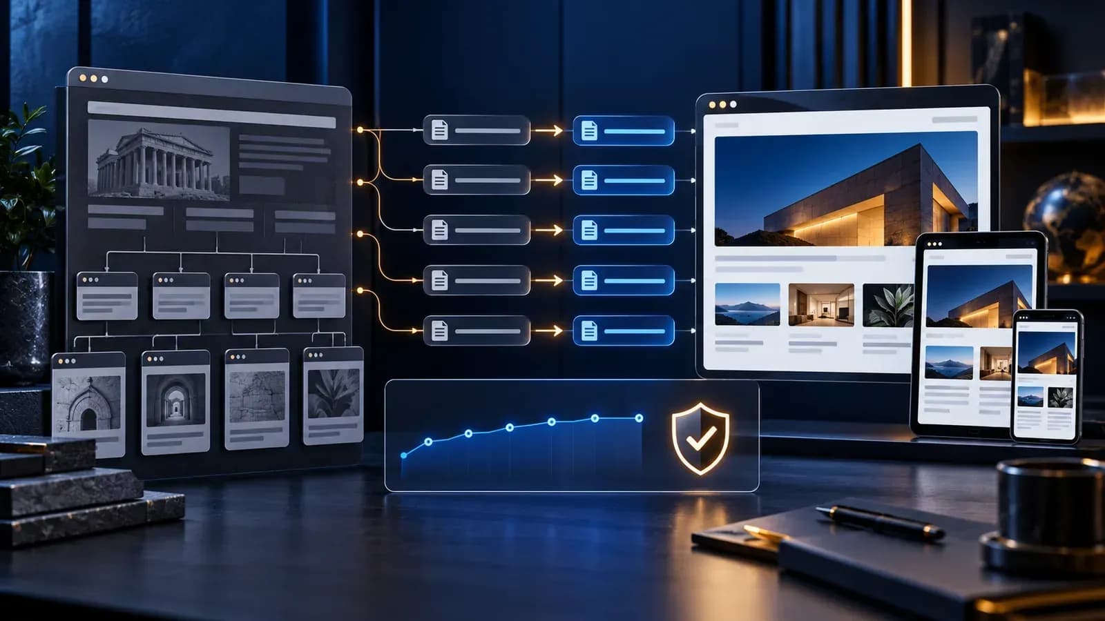 Eski web sitesi sayfalarının yönlendirmelerle yeni ve mobil uyumlu site mimarisine taşınmasını gösteren çalışma ortamı