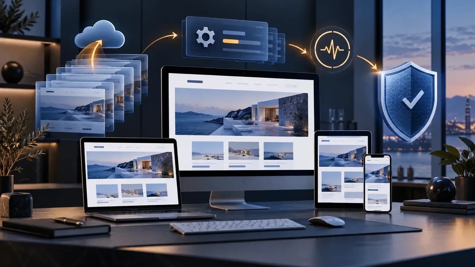 Web sitesi yedekleme, güncelleme, çalışma süresi ve güvenlik katmanlarını gösteren bakım sistemi