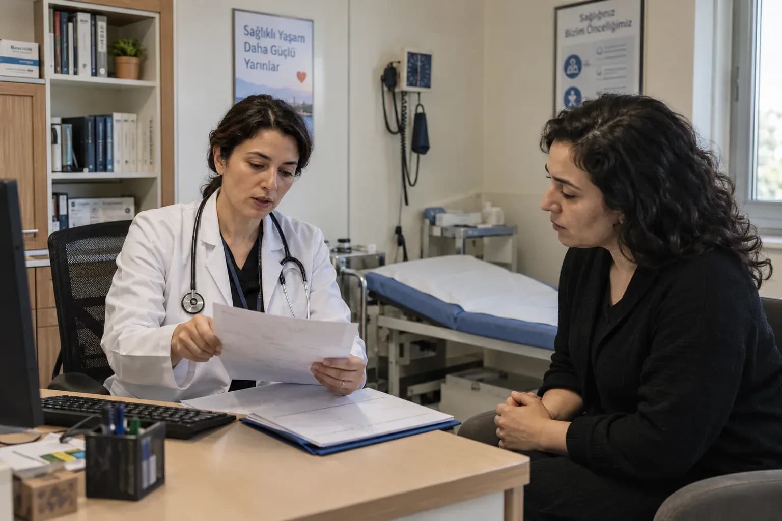 Özel klinikte muayene sonucunu hastasıyla görüşen doktor