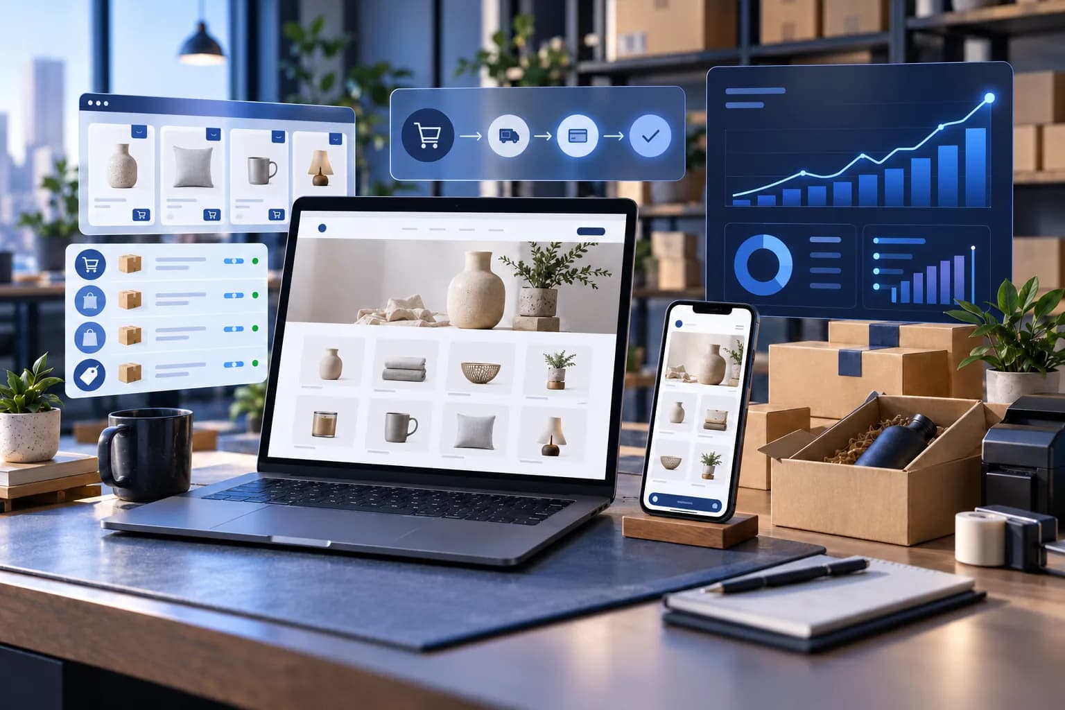E-Ticaret Altyapısı Nasıl Seçilir? İhtiyaç Odaklı Karşılaştırma konusuyla ilgili ürün kataloğu, sipariş akışı ve satış verilerini gösteren e-ticaret yönetim ortamı