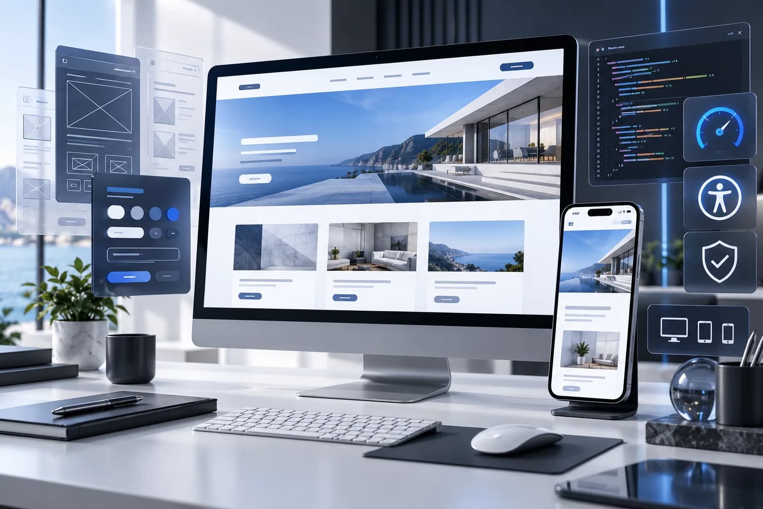 Landing Page mi Kurumsal Web Sitesi mi? Doğru Yapıyı Seçme Rehberi konusuyla ilgili web sitesi arayüzlerini masaüstü ve mobil ekranlarda inceleyen tasarım ekibi